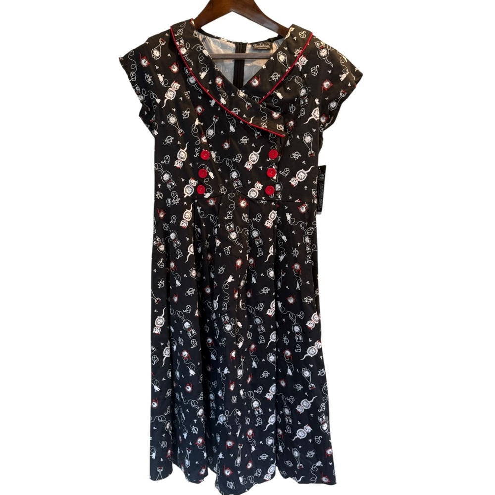 Today only $50 Voodoo Vixen Felix the Clock Cat Print Retro Dress NWT Rockabilly - Picture 3 of 16